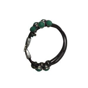Women's Leather Rope Bracelet with Green & Silver Charms